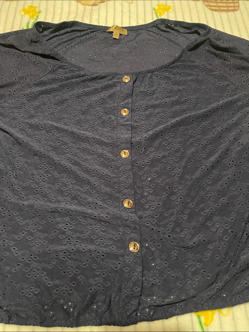 Lavish Navy Eyelet Button-Back Blouse with Wood-Tone Buttons
